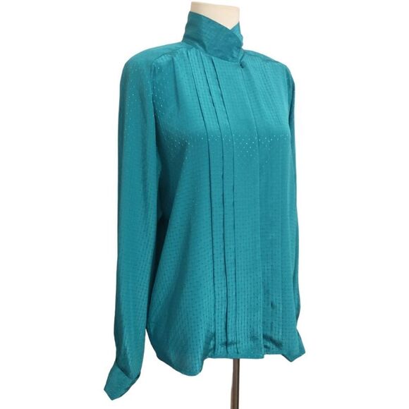 High Neck Pleated Flowy Blouse Sz M 10 Silky Regency Office Siren Corpcore Vtg - Picture 4 of 16